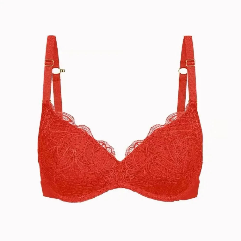 Lively Scalloped Lace No-Wire Push-Up Convertible Bra Tomato Red 34DDD